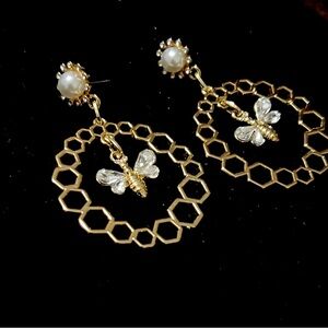 Pearl & Gold Honeycomb Bee Drop Earrings